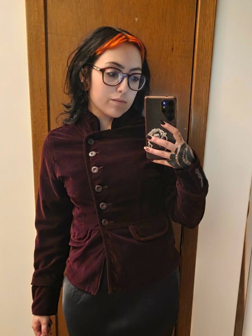 Burgundy Velvet Asymmetrical Button Up Military Top